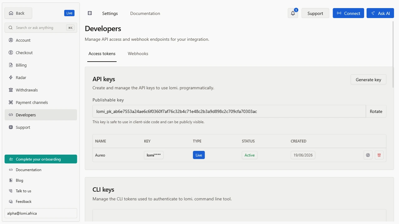 Clés API test et live dans les paramètres du tableau de bord