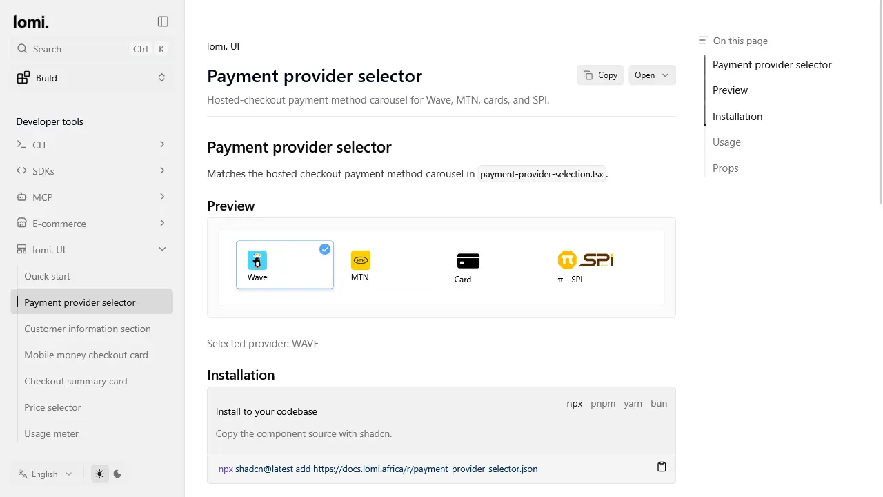 Aperçu des composants de paiement lomi. UI sur le site de documentation